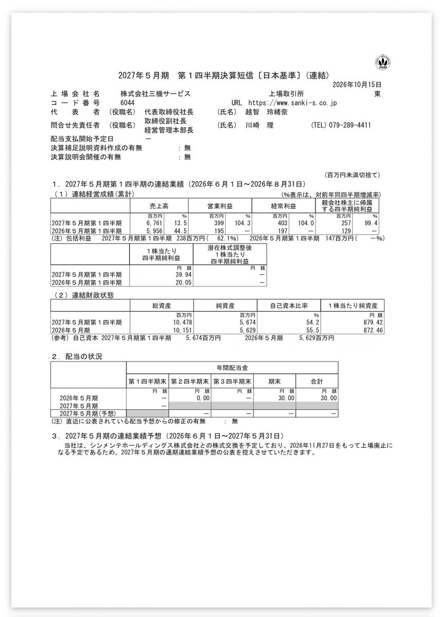 somaru21's tweet photo. 三機サービスの来年度業績予想がないと思ったら、三機シンメンテホールディングスになるんだった。

すっかり忘れてた🙄 https://t.co/cRWQ23xAw1