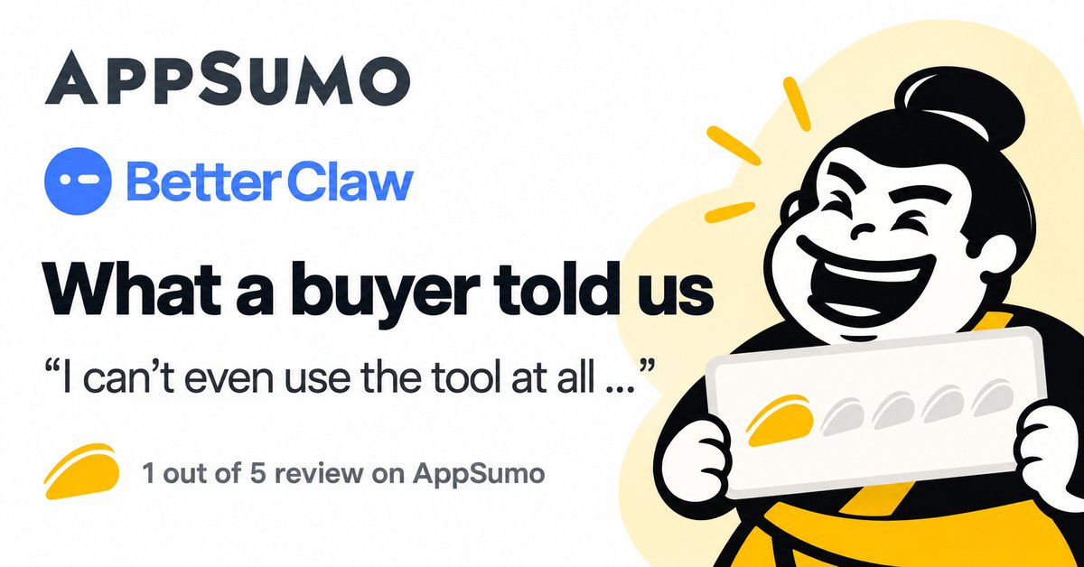 better_claw_io's tweet photo. Got our first 1-star on AppSumo this week. “Only errors, going back to OpenClaw.”

Then the buyer emailed us once more. We found it, it was our bug, and we fixed it the same day.

So grateful they gave us that second chance. Most people don’t. https://t.co/ObPOxlOJRc