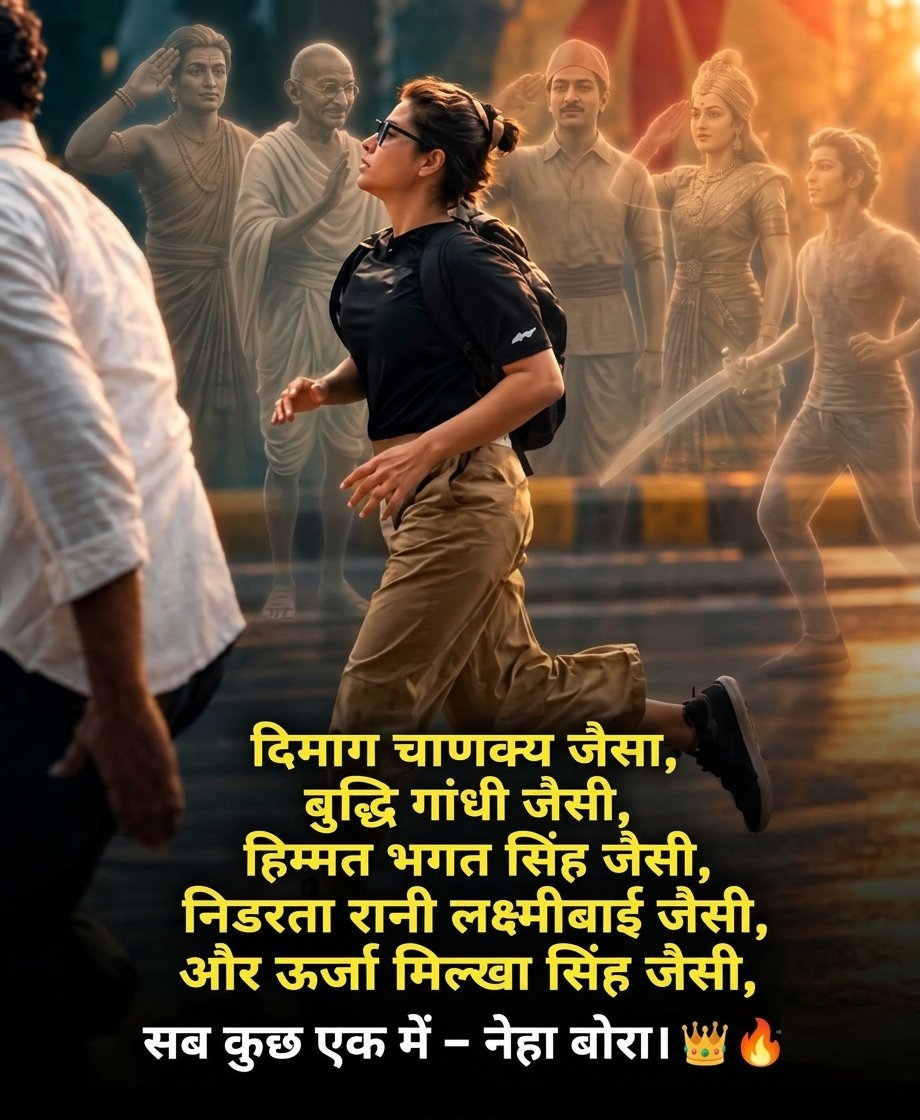 sureshkapse's tweet photo. दिमाग चाणक्य जैसा, 
बुद्धि गांधी जैसी, 
हिम्मत भगत सिंह जैसी, 
निडरता रानी लक्ष्मीबाई जैसी, 
और ऊर्जा मिल्खा सिंह जैसी,
सब कुछ एक में 
– नेहा बोरा। 👑🔥 https://t.co/N4ZNVv5Ue5