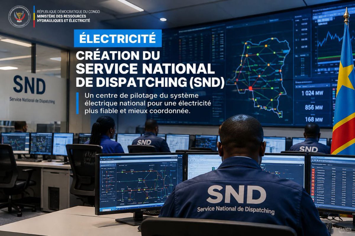 Min_Resshyd_rdc's tweet photo. ⚡️| CRÉATION DU SERVICE NATIONAL DE DISPATCHING (SND)

La RDC franchit une nouvelle étape dans la modernisation de son système électrique avec la création, par Décret, du Service National de Dispatching (SND).

Sous le leadership du Président de la République, Chef de l’État, Félix-Antoine TSHISEKEDI TSHILOMBO, et la coordination de la Première Ministre, cette réforme portée par le Ministre des Ressources Hydrauliques et de l’Électricité, Aimé SAKOMBI MOLENDO, dote le pays d’un véritable centre de pilotage du système électrique national.

Le SND aura notamment pour mission d’assurer la conduite coordonnée de la production et du transport de l’électricité, d’optimiser en temps réel les flux d’énergie sur le réseau national et de coordonner les échanges d’électricité.

Une avancée structurante vers un système électrique national mieux coordonné et plus fiable.

#RDC #Électricité #SND #MRHE