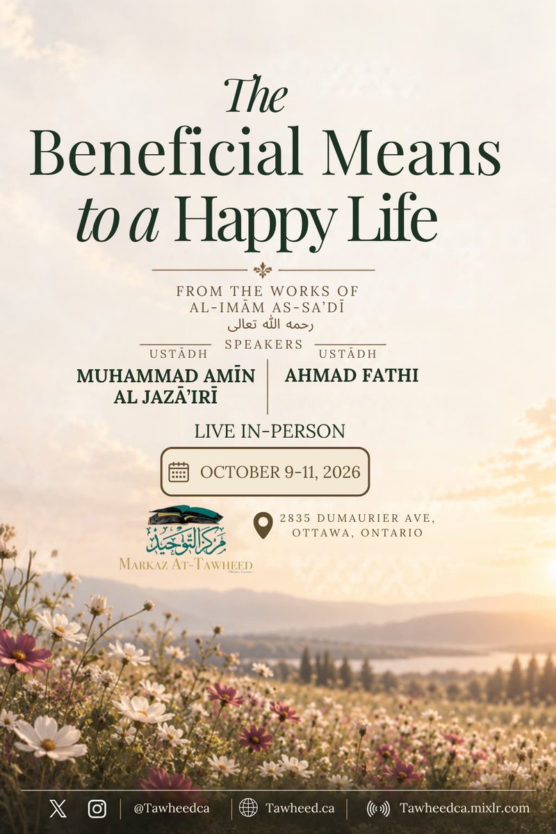 TawheedCa's tweet photo. A Note about the Recent Conference…

Bismillāh walhamdu lillāh was-Salātu was-Salām ‘alā Rasoolillāh. Amma ba’d.

This past weekend, by The Permission of Allāh (‘Azza WaJall), we completed a Knowledge-based conference on the book The Beneficial Means to a Happy Life by Ash-Shaykh ‘Abdur-Rahmān As-Sa’dī (Rahimahullāh).

The Prophet (SallAllāhu ‘alayhi waSallām) said:

‘He does not thank Allāh he who does not thank the people.’ 

After thanking Allāh (SubhānaHu WaTa’Alā), we thank our asātithah, Muhammad Amīn Al Jazā’irī and Ahmed Fathī for taking time out of their schedule to travel to and benefit our community. 

We also thank the volunteers and attendees who, in various capacities, assisted with the conference.

It was heart-warming to be joined by brothers who travelled from other communities including Kitchener, Toronto and Montreal.

The conference touched on a number of topics including: Thankfulness to Allāh; The Decree of Allāh and patience therewith; and Islāmically Legislated means to achieve success.

We also received different notes of appreciation from conference attendees.

We ask Allāh (‘Azza WaJall) To Accept and Bless the efforts of all involved And To Grant everyone an increase in beneficial knowledge and righteous action.