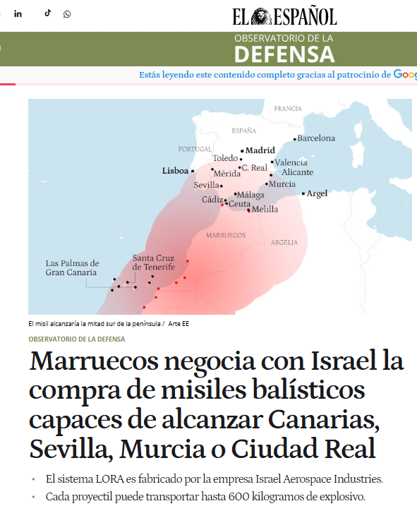 JulianMaciasT's tweet photo. Marruecos negocia con Israel la compra de misiles balísticos capaces de alcanzar Canarias, Sevilla o Murcia.
https://t.co/EGCnoTPRS8 https://t.co/dOveb7h68Z