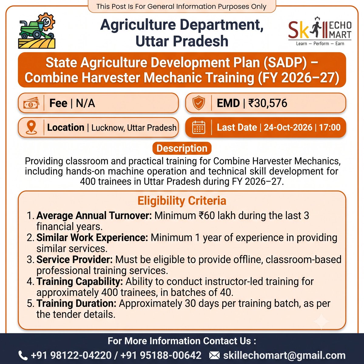 SkillEchoMart's tweet photo. Live Tender Alert: Agriculture Department, Uttar Pradesh
Last Date: 24-10-2026, 05:00 PM
#LiveTender #UttarPradeshTender #AgricultureDepartment #SADP #CombineHarvester #MechanicTraining #SkillDevelopment #GovernmentTender #GeM #TenderAlert #Lucknow https://t.co/9nUuBitImx