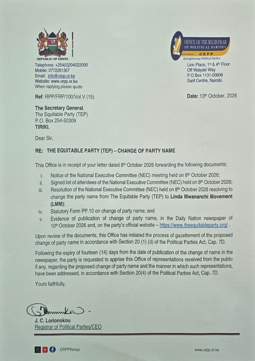 Benign_Overlord's tweet photo. ORPP has approved change of name and brand of TEP to Linda Mwananchi Movement! https://t.co/4CFlAm9E2A