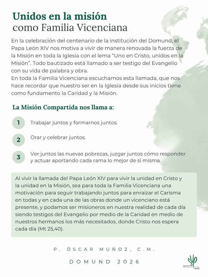 misionerospaul's tweet photo. 🌍 DOMUND 2026 | Uno en Cristo, unidos en la misión.

"Todo bautizado está llamado a la misión, todo bautizado es misionero allí donde se encuentre".

El P. Óscar Muñoz, C.M., nos invita a reflexionar sobre la importancia de vivir la misión unidos como Familia Vicenciana: trabajar y formarnos juntos, compartir la oración y sumar esfuerzos para responder a las nuevas pobrezas.

Una llamada a vivir el Evangelio desde la caridad, poniendo nuestros dones al servicio de los demás y haciendo presente la misión en nuestra realidad cotidiana.

#DOMUND2026 #UnidosenLaMisión #FamiliaVicenciana #MisionerosPaúles