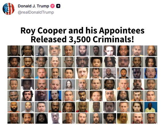 GuntherEagleman's tweet photo. 🚨 ROY COOPER'S ADMINISTRATION LET 3,500 PRISONERS WALK OUT EARLY.

It was part of a 2021 deal Cooper's administration struck to settle a COVID lawsuit.

51 of them were serving LIFE SENTENCES.

According to the NY Post, 18 of the people released were later CHARGED WITH MURDER.

Now Cooper wants a promotion to the U.S. Senate.

North Carolina, remember who opened the doors.

Vote Michael Whatley.
