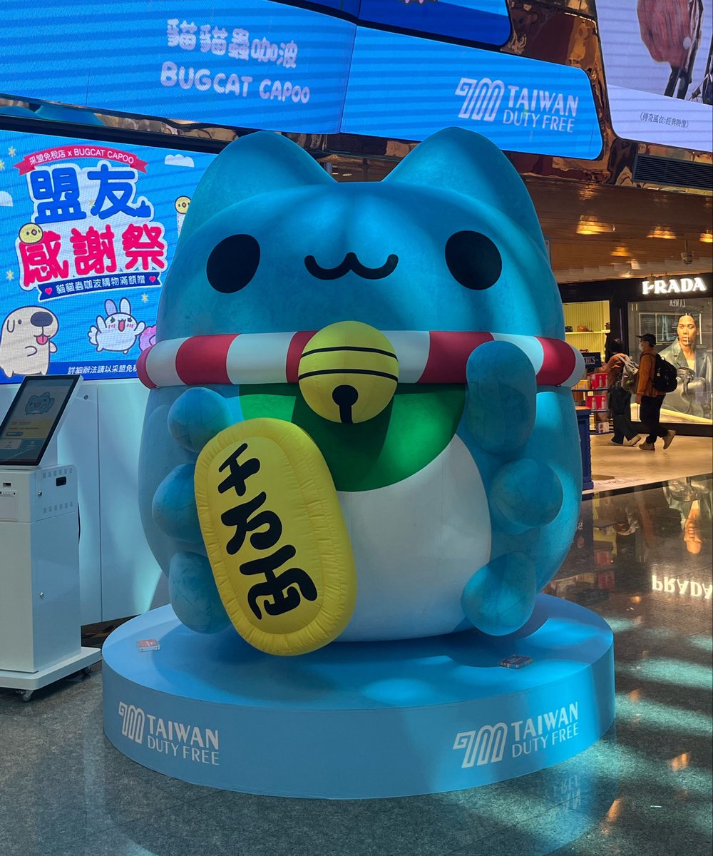 aokka_x's tweet photo. 📍台湾桃園国際空港🇹🇼✈︎

台湾桃園国際空港にいた
金運が上がりそうな💰
可愛い特大の水色の猫神様🐱🩵 https://t.co/zhRInJSFGg