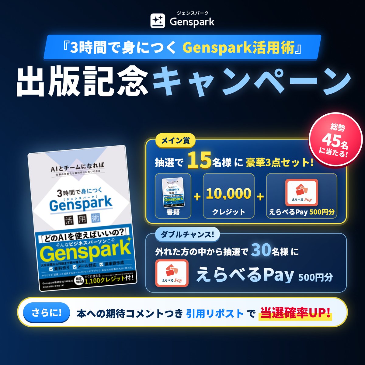 genspark_japan's tweet photo. 📚『3時間で身につく Genspark活用術』出版記念！🎉

抽選で総勢45名様にプレゼント🎁

🏆15名様：書籍＋10,000クレジット＋えらべるPay500円分
🎯Wチャンス30名様：えらべるPay500円分

①@genspark_japan をフォロー
②この投稿をリポスト
💬コメント付き引用で当選率UP！

⏰10/22(木)23:59まで
📩当選発表はDMにて