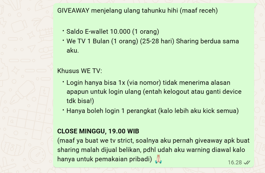veinaaaaz's tweet photo. GIVEAWAY SALDO &amp; WE TV 

Syarat: 
• RT &amp; LIKE postingan ini
• WAJIB Like komen post di igku (komen positif, ex: keren dll) 
🔗: https://t.co/LgzEnZr8Ll 
⚠️ Kirim bukti SS (Like &amp; komen) disini + kalian mau yg mana
• doain aku (dihati aja gpp) 

#zonauang #zonajajan #giveaway https://t.co/B5YDqhtEX8