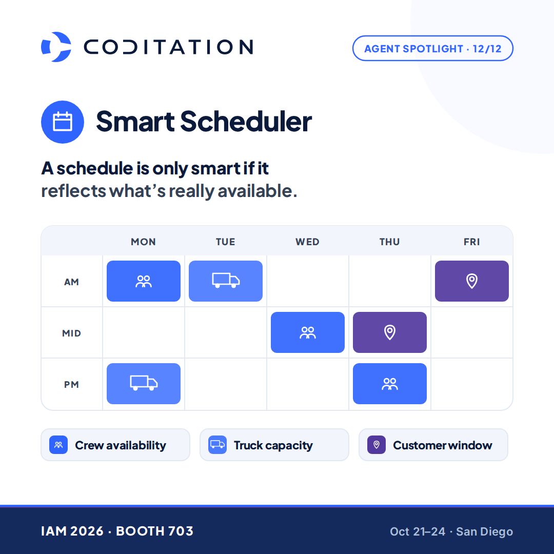 coditation's tweet photo. Customer windows, crew schedules, truck capacity and last-minute changes all have to fit together.

Coditation's Smart Scheduler builds and reworks the schedule, so your team approves instead of rebuilding.

Coditation | IAM 2026 | Booth 703.

#IAM2026 #Logistics https://t.co/LxvExajPxO