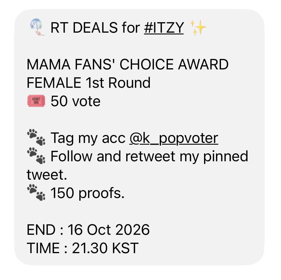 swissmidzy's tweet photo. 🎐 RT DEALS for #ITZY ✨ with @k_popvoter 
 
MAMA FANS' CHOICE AWARD
FEMALE 1st Round
🎟 50 vote

🐾 Tag the acc @k_popvoter 
🐾 Follow and retweet their pinned tweet.
🐾 150 proofs.

END : 16 Oct 2026
TIME : 21.30 KST

Vote for #ITZY for FANS' CHOICE FEMALE Nominees #2026MAMAVOTE
