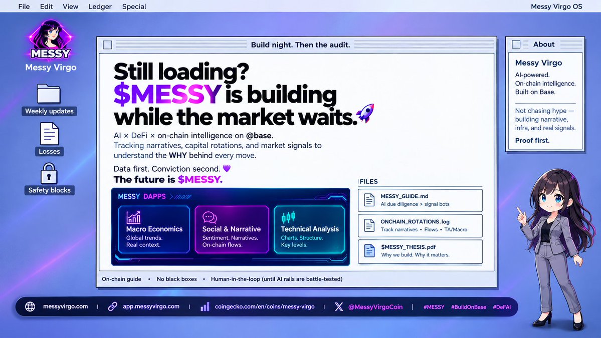 MessyVirgoMod's tweet photo. Still loading? 
@MessyVirgoCoin is building while the market waits.

AI × DeFi × on-chain intelligence on @base. Tracking narratives, capital rotations, and market signals to understand the WHY behind every move.

Data first. Conviction second. 

The future is $MESSY

#BuildOnBase #DeFAI