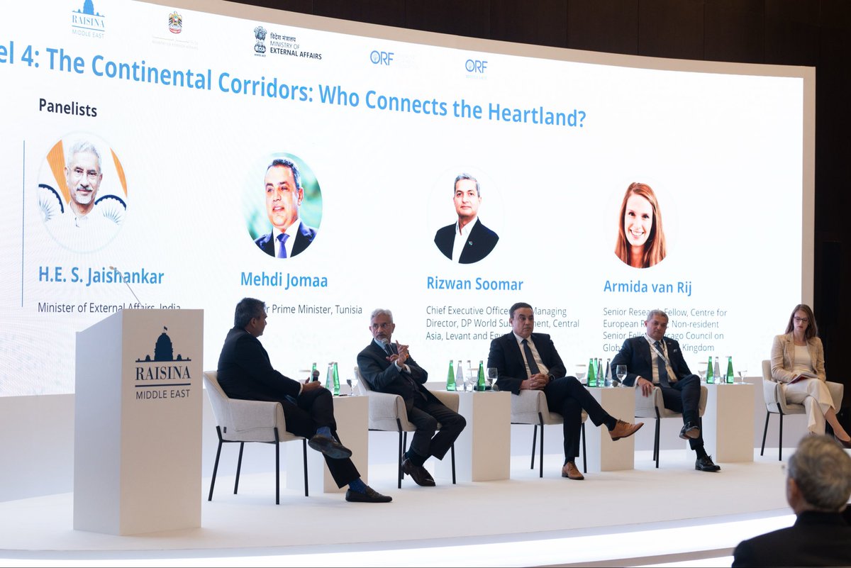 DrSJaishankar's tweet photo. A good discussion today on ‘The Continental Corridors: Who Connects the Heartland?’ at @raisinadialogue Middle East. Made the following points:

✅ Competition has intensified, new chokepoints have emerged, and the willingness to leverage advantages has grown.

✅ Globalisation cannot be reversed, but it must be navigated with greater resilience.

✅ IMEC is already shaping regional thinking on connectivity. 

✅ As the global landscape evolves, India is building its own strengths and establishing trusted partnerships.