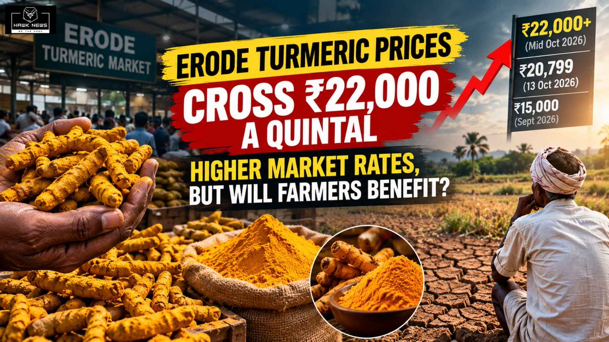 hawknewscorp's tweet photo. Erode turmeric has crossed ₹22,000 a quintal. Strong headline, but a crop cut by drought can still mean a thin income. So who really gains? 

Read: https://t.co/9JEQLu9pcn

#TurmericPrice #Erode #TamilNadu #Farmers #Agriculture #Drought #Turmeric https://t.co/qRThu1vfSv