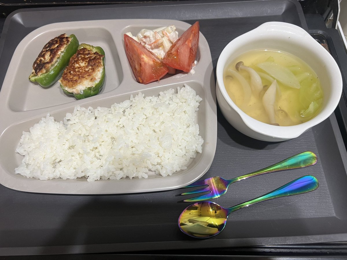 RViHF5SnqB84737's tweet photo. 小2のバンゴハーン‼️

一緒に作った🫑肉詰め。
豆腐入り。

これでしか、🫑食わない…

#料理
#晩御飯
#今日の晩御飯
#おうちごはん https://t.co/JCVrtSwWKN