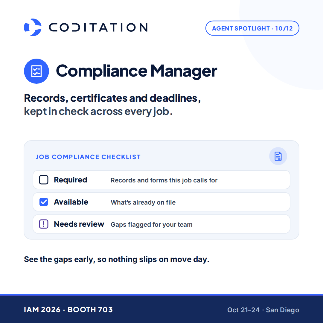 coditation's tweet photo. Compliance means records, certificates, forms and deadlines spread across workflows.

Coditation's Compliance Manager tracks what's required and flags the gaps, so your team follows up instead of auditing.

Coditation | IAM 2026 | Booth 703.

#IAM2026 #Logistics https://t.co/ahUbSUXDzN