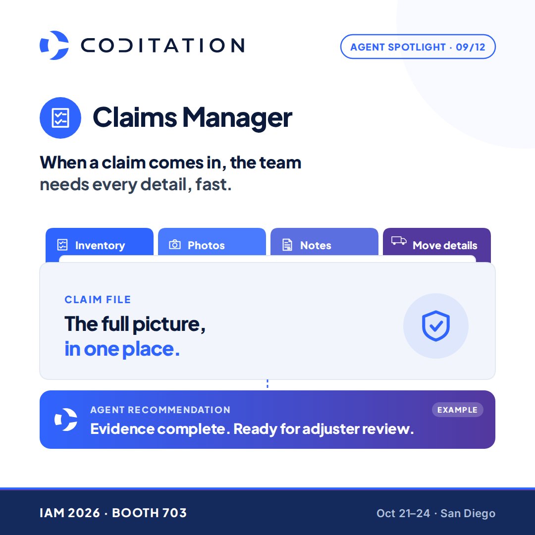 coditation's tweet photo. When a claim comes in, teams need the full picture: move details, inventory, photos, notes and documents.

Coditation's Claims Manager assembles the file and recommends the next step, so your team decides without the digging.

Coditation | IAM 2026 | Booth 703.

#IAM2026 #AI https://t.co/nDK1yRkvqY