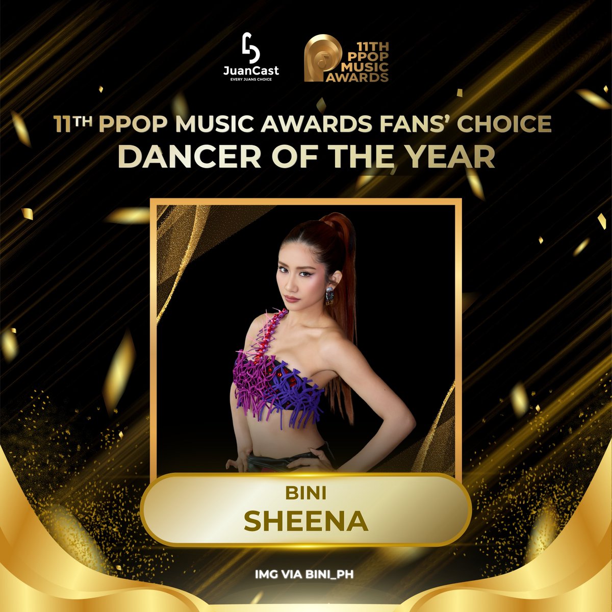 NotJuanCastPH's tweet photo. Congratulations, @bini_sheena for winning the Dancer of the Year of the 𝟭𝟭𝘁𝗵 𝗣𝗣𝗢𝗣 𝗠𝘂𝘀𝗶𝗰 𝗔𝘄𝗮𝗿𝗱𝘀: 𝗙𝗮𝗻𝘀' 𝗖𝗵𝗼𝗶𝗰𝗲 𝗖𝗮𝘁𝗲𝗴𝗼𝗿𝗶𝗲𝘀!

Keep owning the floor and make everyone move with your groove!

#JuanCast #EveryJuansChoice #11thPPOPMusicAwards #PhilippinePopularMusicAwards #PPMA2026