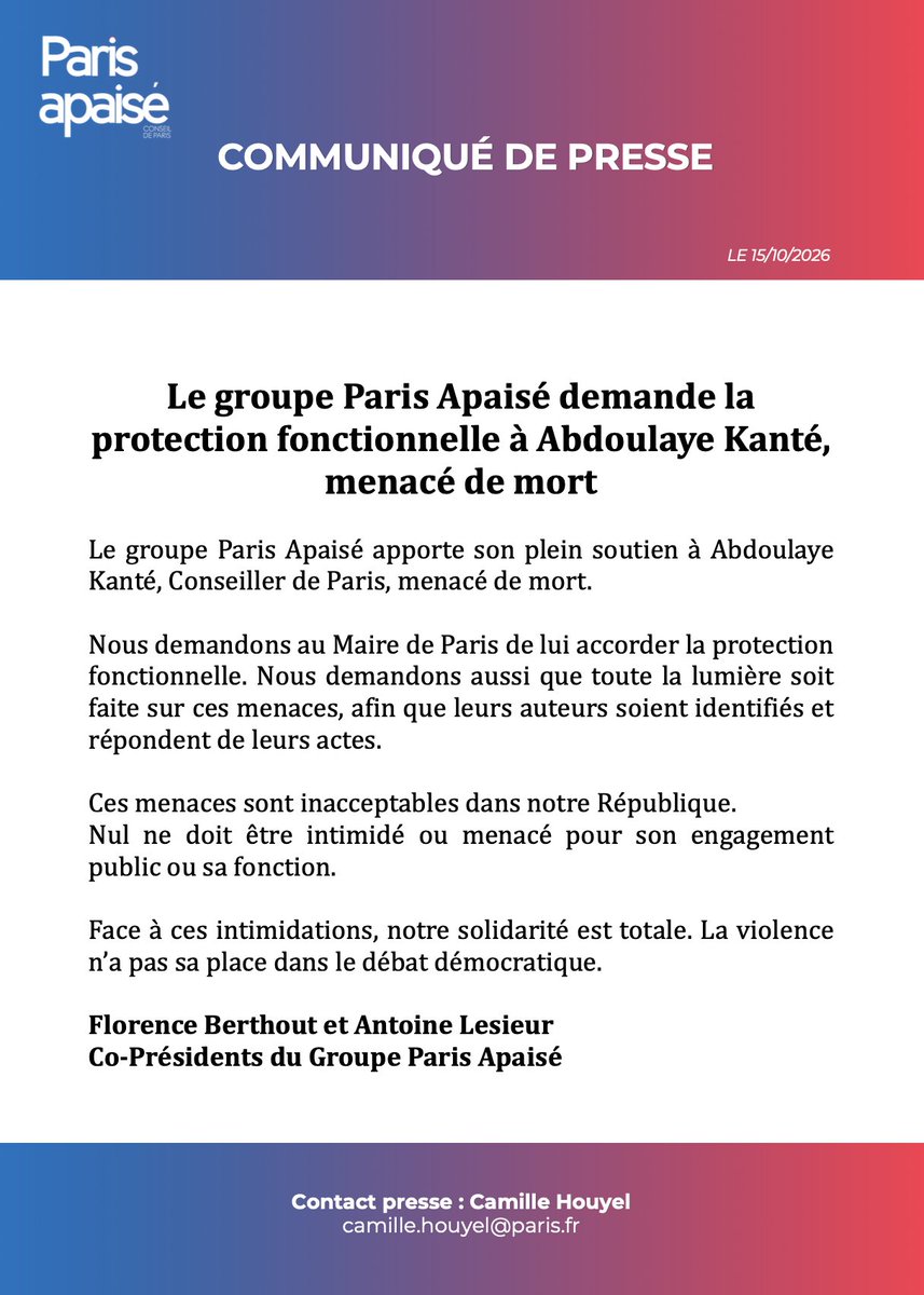 ParisApaise's tweet photo. Plein soutien à @AbdoulayeK3, menacé de mort.

Nous demandons au Maire de Paris de lui accorder la protection fonctionnelle et que les auteurs de ces menaces soient identifiés et répondent de leurs actes.

La violence n’a pas sa place dans le débat démocratique ⤵️ https://t.co/KyylD2JICH