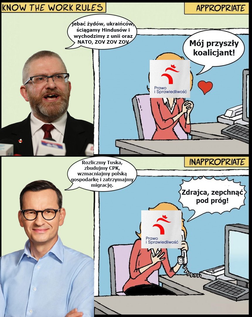 NatConPatriot's tweet photo. PiS powinien zrozumieć, że przyszłej koalicji rządzącej bez @RozwojPlus po prostu nie będzie. Nie ważne, czy Rozwój zdobędzie 12, 10 czy 6%, to będzie on języczkiem u wagi.

Maślarze robią - nomen omen - maślane oczy do degeneratów i pastuchów z partii Brauna, którzy są totalnym zaprzeczeniem wszystkiego, o co PiS walczył przez ostatnie dwie dekady.

Jednocześnie torpedują formację, która może być najlepszym i najbliższym ideowo ugrupowaniem, z jakim PiS mógłby wejść w potencjalną koalicję.

Nic z tego torpedowania nie będzie. Rozwój Plus wejdzie do Sejmu i będziecie musieli z tym żyć.

Na waszym miejscu zacząłbym tę relację od przyjaznych gestów i budowania pola do współpracy, a nie hejtu i wieszania psów na ludziach, którzy odpowiadali za większość gabinetu (i w konsekwencji większość sukcesów w ogóle) w okresie rządów PiS. 

Mówię to jako cywil, jako osoba, która nie jest związana z żadną partią, ani ugrupowaniem i jako ktoś, kto ma już serdecznie dość tej żenującej narracji i atakowania wartościowych ludzi, w momencie, w którym przeciwnik podważa ustrojowe fundamenty państwa i robi z instytucji państwa cyrk na kółkach.

Ogarnąć się, odwzajemnić wyciągniętą ze strony @RozwojPlus rękę i do roboty. Nie jesteście tu po to, żeby urządzać personalne nagonki na byłych, wyrzuconych z partii kolegach, tylko żeby reprezentować wyborców, którzy mają po dziurki w nosie waszego zachowania.