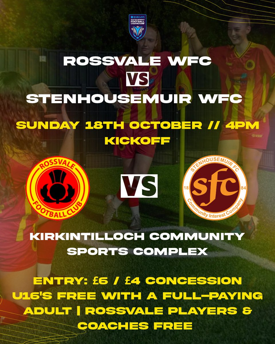 RossvaleFCWomen's tweet photo. Rossvale WFC vs Stenhousemuir WFC

📅 Sunday 18th October
⏰ 4pm Kickoff
📍 Kirkintilloch Community Sports Complex

🎟️ Entry: £6 / £4 concession
U16s free with a full-paying adult | Rossvale players &amp; coaches free

Come and support the team! https://t.co/SBkX3ja1SH