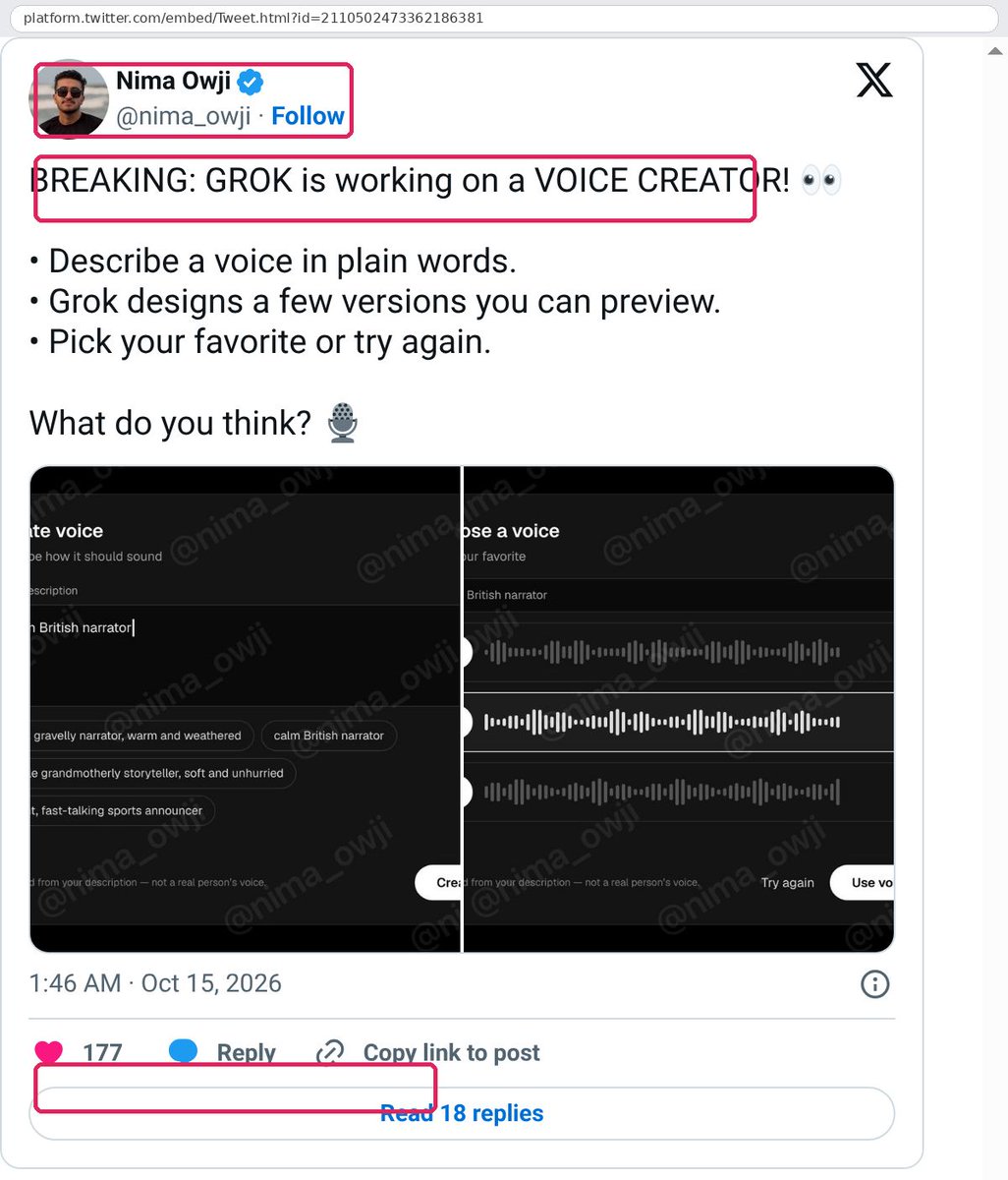 FOMAnews's tweet photo. @grok is testing a Voice Creator: type how a voice should sound, and it designs candidates you can preview.

Could mean custom Grok voices from a plain-language description — no recording needed. via @nima_owji https://t.co/R3aYbRhDFu