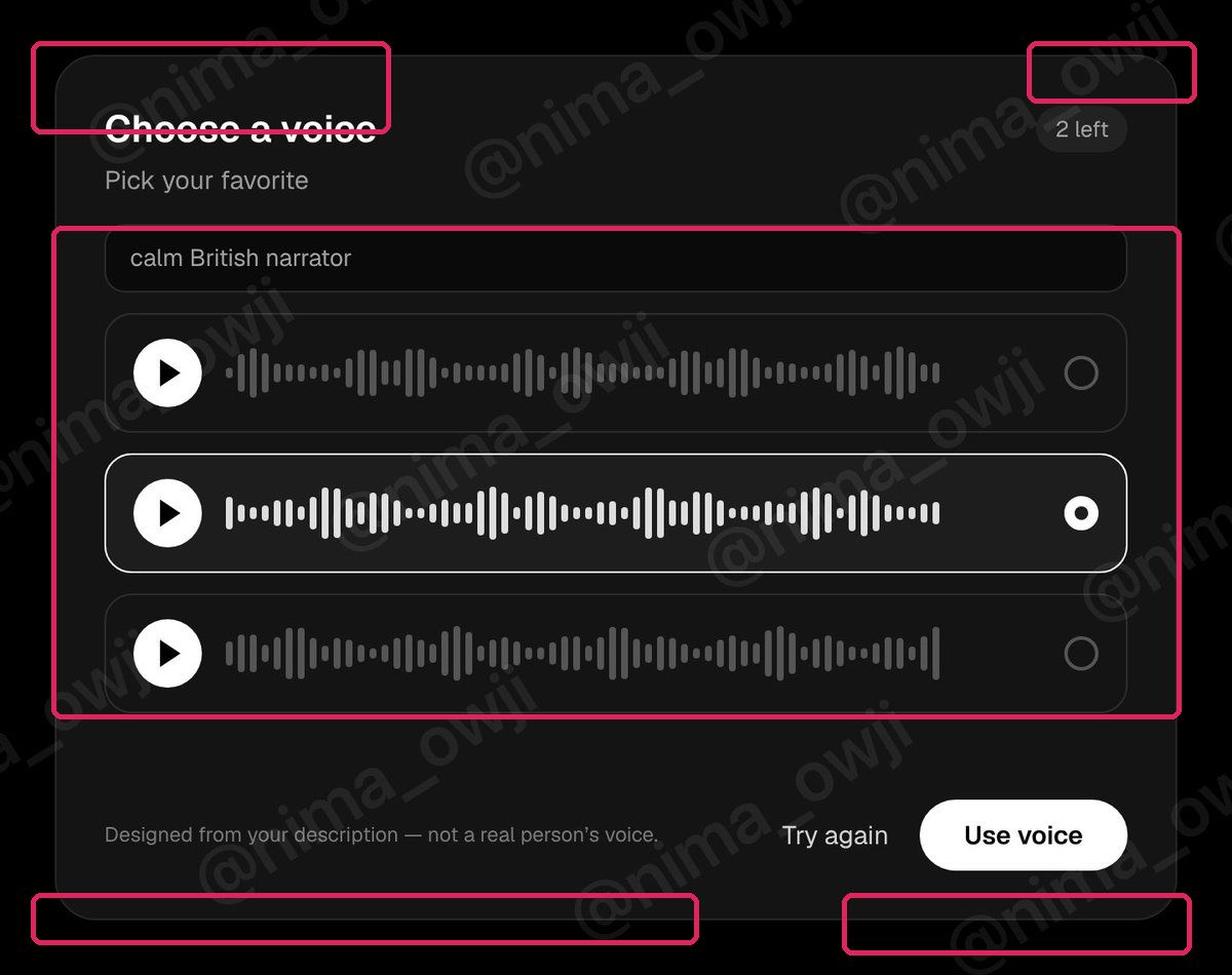 FOMAnews's tweet photo. @grok is testing a Voice Creator: type how a voice should sound, and it designs candidates you can preview.

Could mean custom Grok voices from a plain-language description — no recording needed. via @nima_owji https://t.co/R3aYbRhDFu