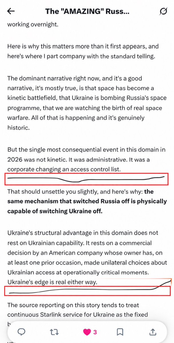 Raymondisnice's tweet photo. Ukraine being cut off from Starlink doesn’t come as a huge surprise to me. While researching Russia’s satellite alternatives, I noticed that Ukraine is still heavily dependent on the very system that helped weaken Russia’s position: Starlink. That dependence creates a vulnerability of its own. I wrote an article about it if you’re interested.