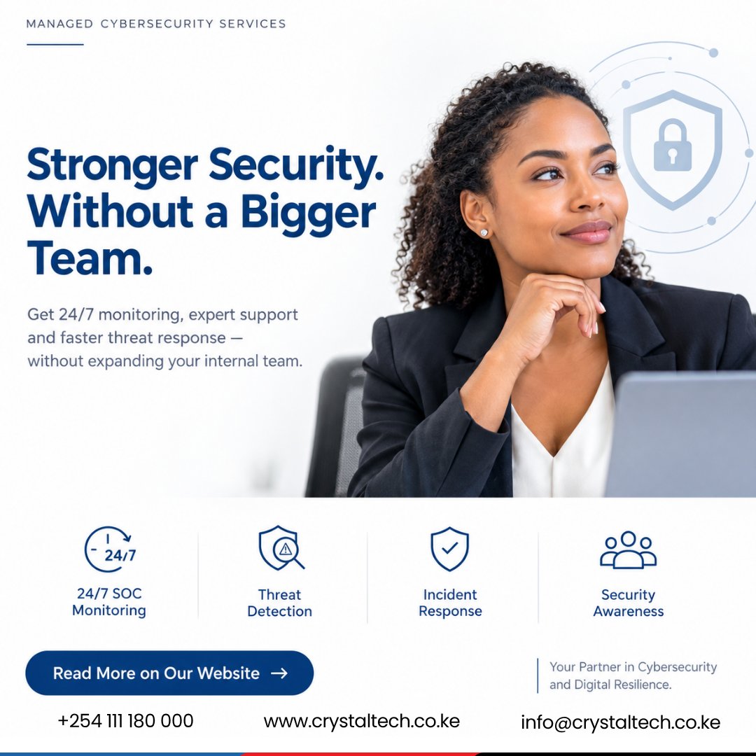 CrystalTechKe's tweet photo. Stronger security doesn’t always require a bigger team. 

CIOs face evolving cyber threats, tight budgets and competing IT priorities. How can you strengthen security without stretching your internal team?

Discover a smarter approach: https://t.co/aSzidqA9r1

#Cybersecurity #SOC https://t.co/e8G6Z0J29m