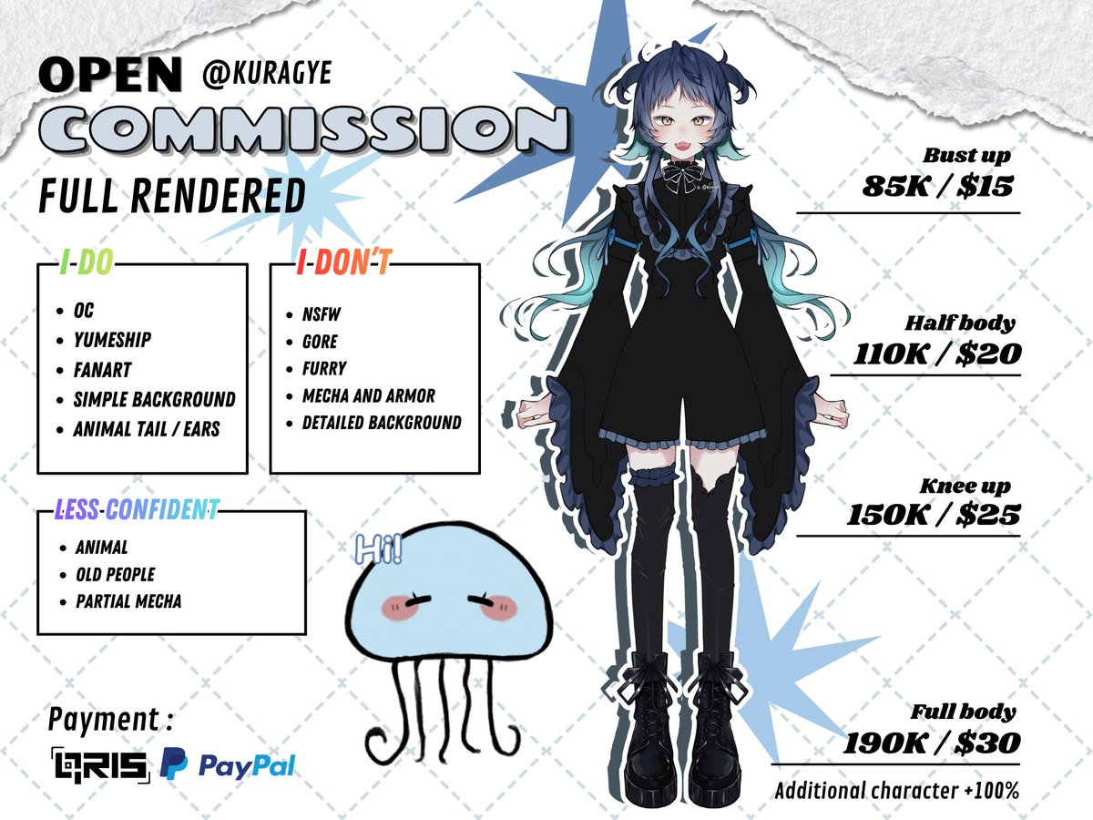kuragyee's tweet photo. KURA'S FIRST OPEN COMMISSION ON X!!~ 🪼
Open for local and international via paypal.

Like and repost are very apreciated!!ﾟ+.ﾟ(´▽`人)ﾟ+.ﾟ💕
Please read the TOS on reply💕
#opencommission #commission https://t.co/DYyMBWJHFG