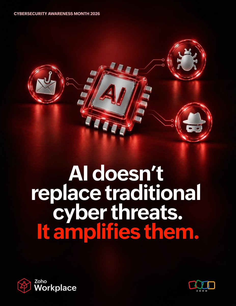 ZohoWorkplace's tweet photo. Most security awareness training is still built for 2022. 😕

Attackers now map targets and spot weaknesses in minutes with AI. That shortens the time your team has to detect and contain an attack. ⏱️

Our Cybersecurity Awareness Month free guide, shows what has changed and what to do about it. 📘 

Get the full guide here: https://t.co/sXAIx6WzME