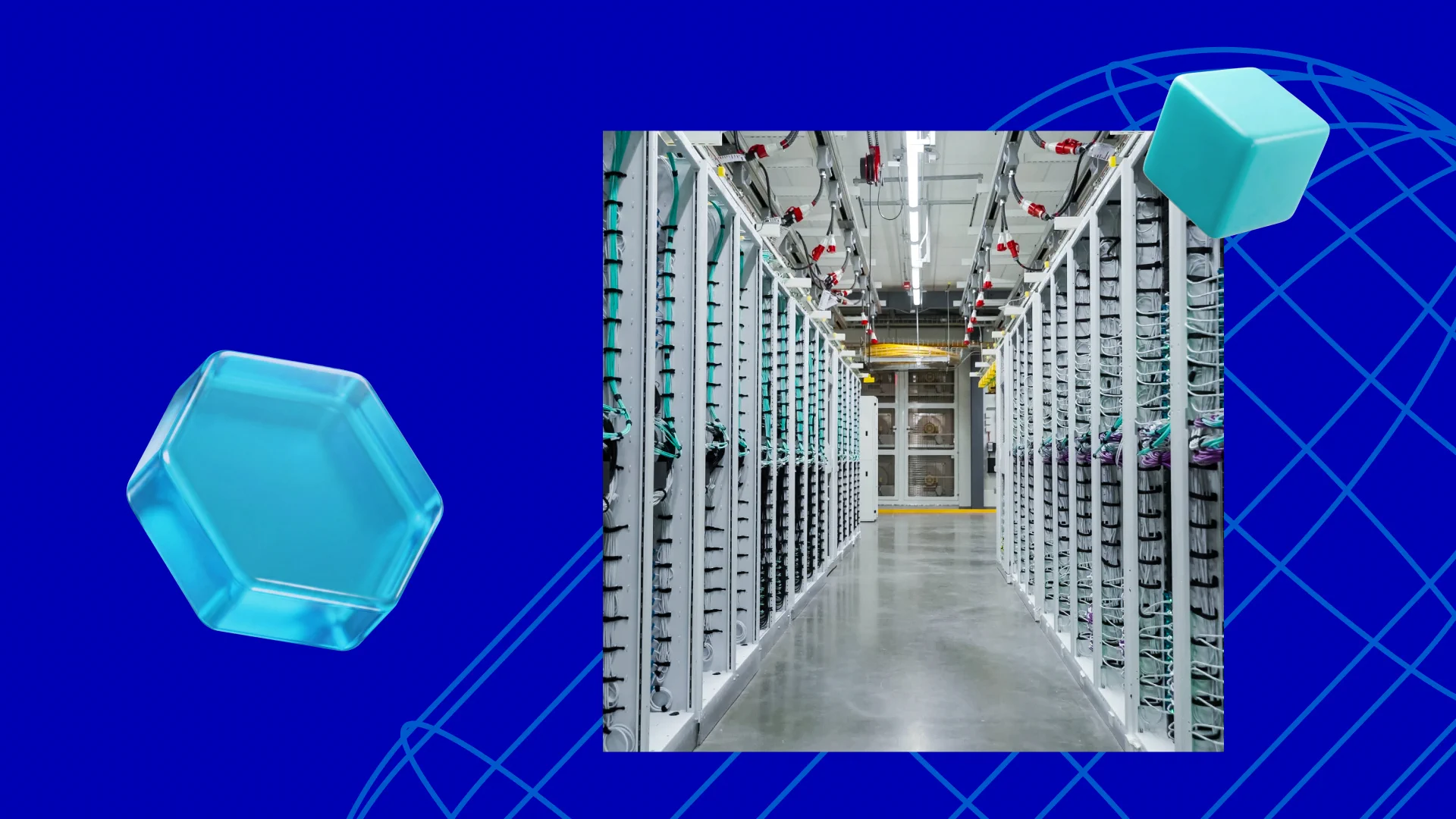 A modern data center with rows of server racks illuminated by bright overhead lights. The background features a vibrant blue design with geometric elements, including two teal shapes, enhancing the tech theme.