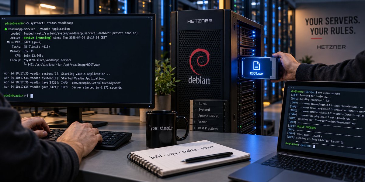 JAVAPROmagazin's tweet photo. Erst absichern, dann ins Internet! Bei @SvenRuppert läuft eine @vaadin-Anwendung als WAR auf #Jetty – verwaltet durch #SystemD &amp; ausschließlich über 127.0.0.1 erreichbar.

So funktioniert das #Deployment ohne Docker https://t.co/vLVqc7haRy

#Java #Hetzner #Vaadin @Hetzner_Online https://t.co/TR5yBsNndv