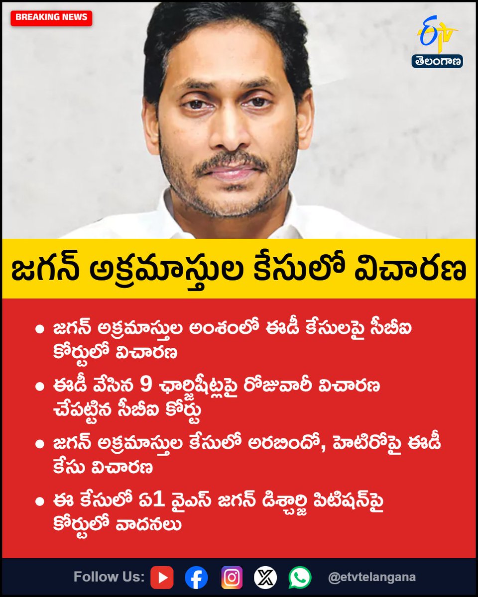 etvtelangana's tweet photo. జగన్ అక్రమాస్తుల కేసులో విచారణ

For More LIVE Updates Click This Link
https://t.co/J7l3k76SGA

#YSJagan
#CbiCourt
#EDCases
#DischargePetition
#Hetero
#Etvtgbreaking https://t.co/UgQWk2bFp2