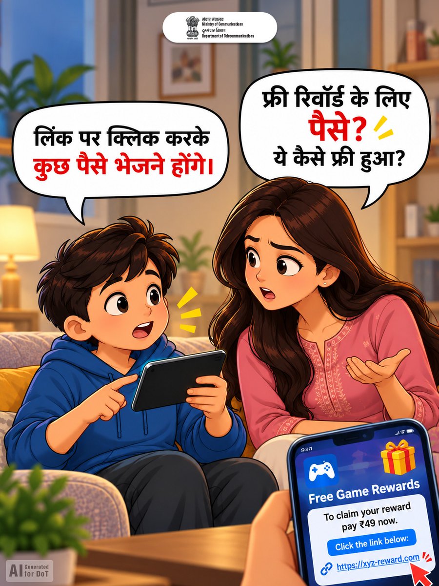 DoT_India's tweet photo. गेम में फ्री रिवॉर्ड का लालच, कहीं साइबर स्कैम का जाल तो नहीं?
अगर आपका बच्चा गेम में फ्री रिवॉर्ड के लालच में आए, तो उसे सतर्क करें। अनजान लिंक पर क्लिक करना या रिवॉर्ड पाने के लिए पैसे भेजना साइबर ठगी का खतरा हो सकता है।
 इसलिए अपने बच्चों को रिवॉर्ड स्कैम के लिए जागरूक करें और ऑनलाइन सुरक्षा को मजबूत बनाएं!

#CyberSafety #OnlineGaming #ScamAlert #DoT #Telecom 

@JM_Scindia @PemmasaniOnX @PIB_India @pib_comm @DDNewslive