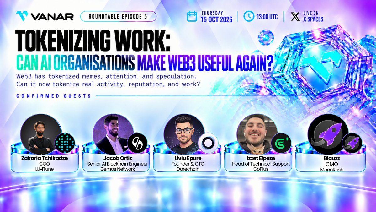 Vanarchain's tweet photo. ⏰ Reminder: Vanar Roundtable

Tokenizing Work: Can AI Organisations Make Web3 Useful Again?

Web3 has tokenized memes, attention, and speculation.
But what happens when tokens connect to something real?

Work delivered. Services completed. Reputation earned. Activity verified on-chain.
Can AI Organisations finally give Web3 something meaningful to tokenize?

We're bringing together builders from across AI, Web3, agentic commerce, and security to discuss exactly that.

Joining us:

@LLMTUNE_IO: Zakaria Tchikadze, COO, @ZTchikadze
@demos_network (Demos Agentic Commerce Standard): Jacob Ortiz, Founder, @iamjacobi 
@QoreChain : Liviu Epure, Founder and CTO, @epure_liviu
@GoPlusSecurity : Izzet Elpeze, Head of Technical Support, @0xelpeze
@moonrush_space : Blazz, CMO

📅 Thursday, 15 October 2026
🕐 13:00 pm UTC
📍 X Spaces: https://t.co/uNeam6XiBr