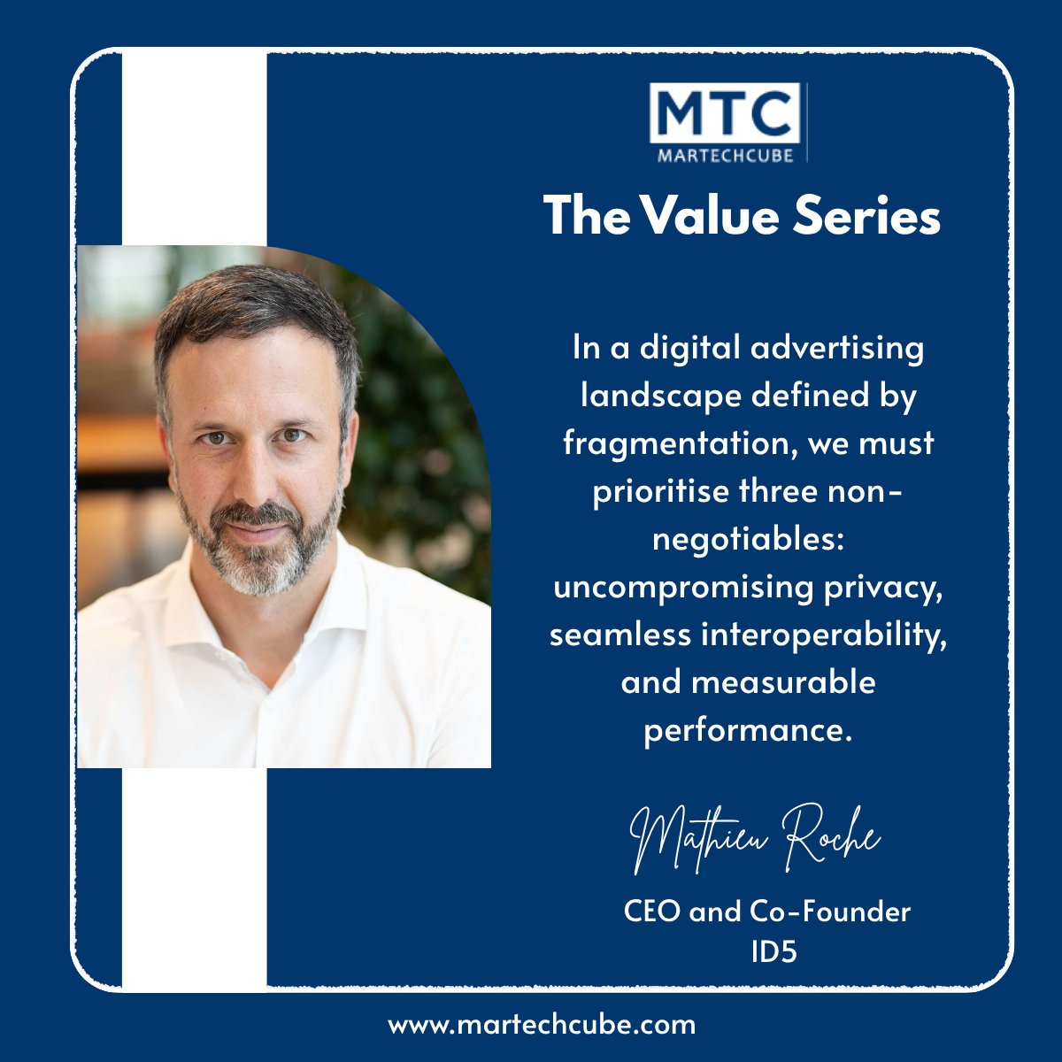 martechcube's tweet photo. Fragmentation is the challenge. Clear priorities are the answer. Mathieu Roche, CEO and Co-Founder of ID5, outlines three non-negotiables for digital advertising: uncompromising privacy, seamless interoperability, and measurable performance. 

#ID5 #TheValueSeries #MartechCube https://t.co/IJjcTrSOs9
