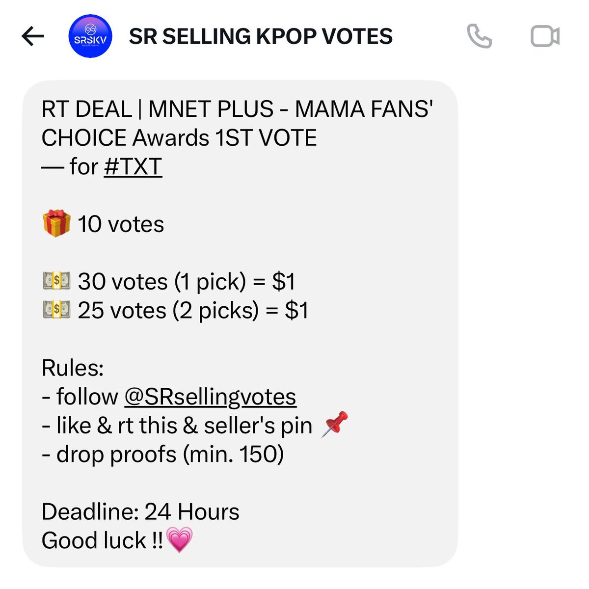 L0VELYBEOMIE's tweet photo. RT DEAL | MNET PLUS - MAMA FANS' CHOICE Awards 1ST VOTE
— for #TXT

🎁 10 votes

💵 30 votes (1 pick) = $1
💵 25 votes (2 picks) = $1

Rules:
- follow @SRsellingvotes 
- like &amp; rt this &amp; seller's pin 📌
- drop proofs (min. 150)

Deadline: 24 Hours
Good luck !!💗 https://t.co/Tp6LAvOTGX