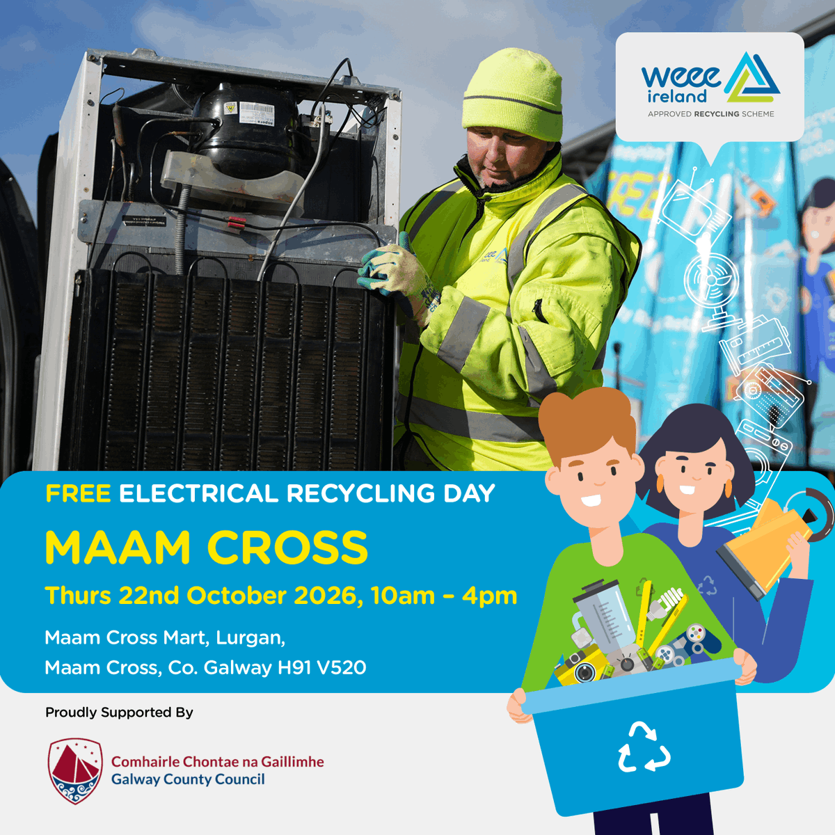 WEEEIreland's tweet photo. Your next FREE collection for all WEEE items is in Maam Cross, County Galway at Maam Cross Mart on Thursday, 22nd October 2026 from 10am - 4pm! ♻️

WEEE recycle anything from your household with a plug or battery! 😃

Collection info: https://t.co/hjCfIyAI6y https://t.co/qwyvjrY0ra