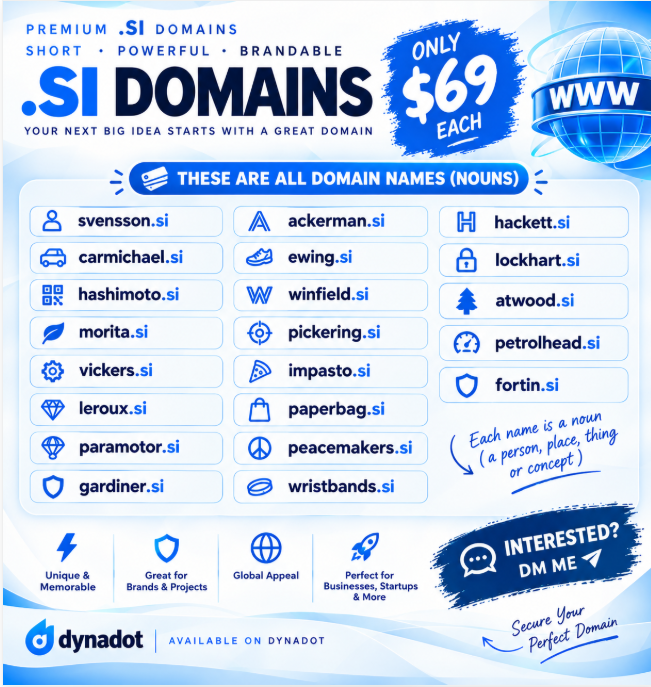 ArinKhandelwal7's tweet photo. Premium .si domains for sale 🚀

All nouns. All just $69 each.

Available on Dynadot. Interested? DM me.

#Domains #DomainNames #DomainInvesting #SI 
#DomainforSale https://t.co/im50vPcuJq