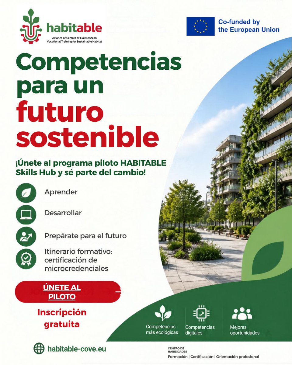 FCesefor's tweet photo. 🏠 El futuro del hábitat exige nuevas competencias.

🚀 Con HABITABLE Skills Hub, impulsa tus habilidades verdes, digitales y profesionales.

👩‍🏫 Formación para FP y pymes.

🔴 ¡Únete al piloto y construye tu futuro!

🔗 https://t.co/Z6qr05Zrm0

#HABITABLE #FormaciónProfesional https://t.co/iVCL9XCZjR