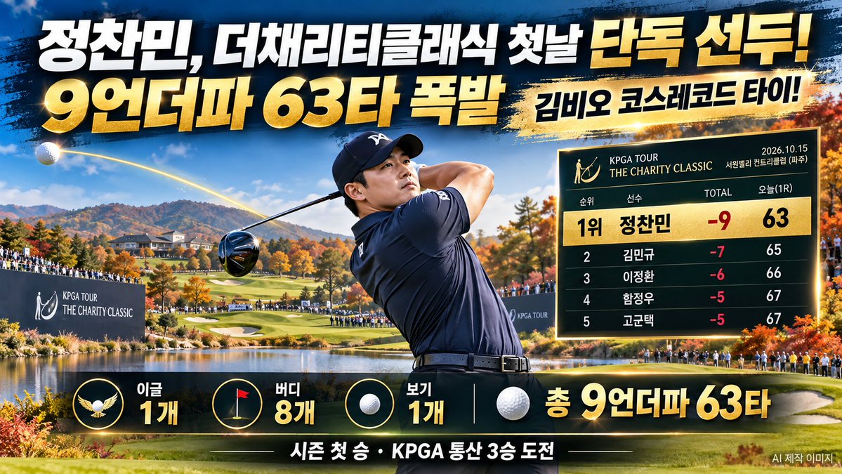kms944000's tweet photo. ⛳ 정찬민, 

더채리티클래식 1R 9언더파 63타 단독 선두! 

김비오 코스레코드 타이 기록입니다. 🔥

자세한 내용은 블로그에서 확인해 주세요.

https://t.co/QKjATcctsX

#정찬민 #KPGA https://t.co/hTy1UG9N2k