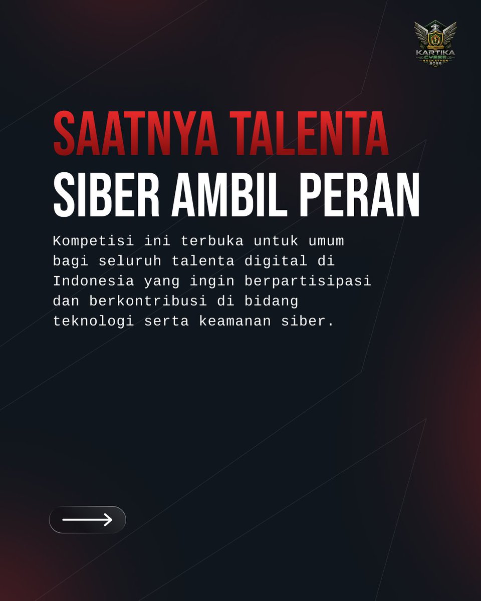 codepolitan's tweet photo. Kartika Cyber Hackathon 2026 siap jadi panggung buat kamu menguji skill dan bikin solusi di dunia siber!

Catat infonya :
📅 Senin, 19 Oktober 2026 
⏰ 19.00 WIB - Selesai  (zoom)

🔗 Daftar Webinar: https://t.co/HRq1dl1GGc 

#CODEPOLITAN #PUSSIBERAD #KartikaCyberHackathon2026 https://t.co/Ojs6GnbcXS