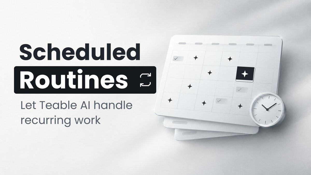 teableio's tweet photo. ✨ Scheduled Routines are now in Teable.

Stop asking AI to do the same work every day.

🗓️ Set the task and schedule, then activate
💬 Keep earlier results in the same conversation
📋 Review runs, adjust, or pause  

See how it works and share what you’d schedule in Teable Community 👇
https://t.co/MyQBlrvGAu