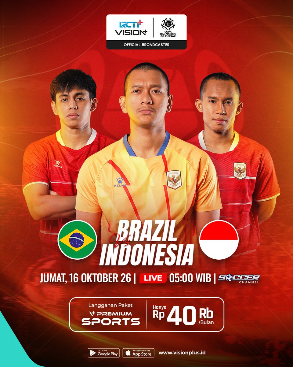 visionplusid's tweet photo. Timnas Futsal Indonesia akan melakoni laga uji coba bergengsi menghadapi sang juara dunia, Brazil, di ajang VI Copa das Nações de Futsal 2026! 

Mampukah Garuda Futsal memberikan perlawanan terbaik dan membuat kejutan di lapangan? 👀🔥

🗓️ Jumat, 16 Oktober 2026
⏰ LIVE 05:00 WIB
📺 Soccer Channel

Aktifkan paket Premium Sports kamu sekarang dan saksikan pertandingannya secara EXCLUSIVE DI VISION+

#CopaDasNacoesDeFutsal #VisionPlusSports #PremiumSports