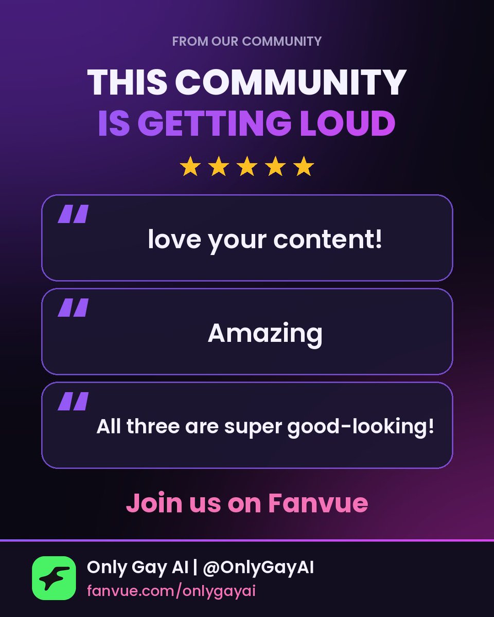 OnlyGayAI's tweet photo. This community is getting loud 🔥

Real words from you, and I'm not done yet 💜

What should Lucas do next? Reply with your pick 👇
🏠 Flatmate drama
🏋️ Gym arc
🌅 Beach day
😈 Surprise me

Join us 👉 https://t.co/1QVXcRH673

#gayai #aiart #gaycreator https://t.co/tWwgrQyno3
