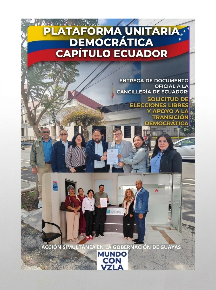 yazmilcovagama1's tweet photo. Como vocera de la Plataforma Unitaria Capitulo Ecuador, acompañamos la entrega en Cancillería 🇪🇨 por elecciones libres y transparentes en 🇻🇪. ¡Seguimos firmes! 💪🏼

#PlataformaUnitaria #Ecuador #ConVzla #VenezuelaLibre #Democracia #EdmundoGonzález #MariaCorinaMachado https://t.co/NJA953SADK