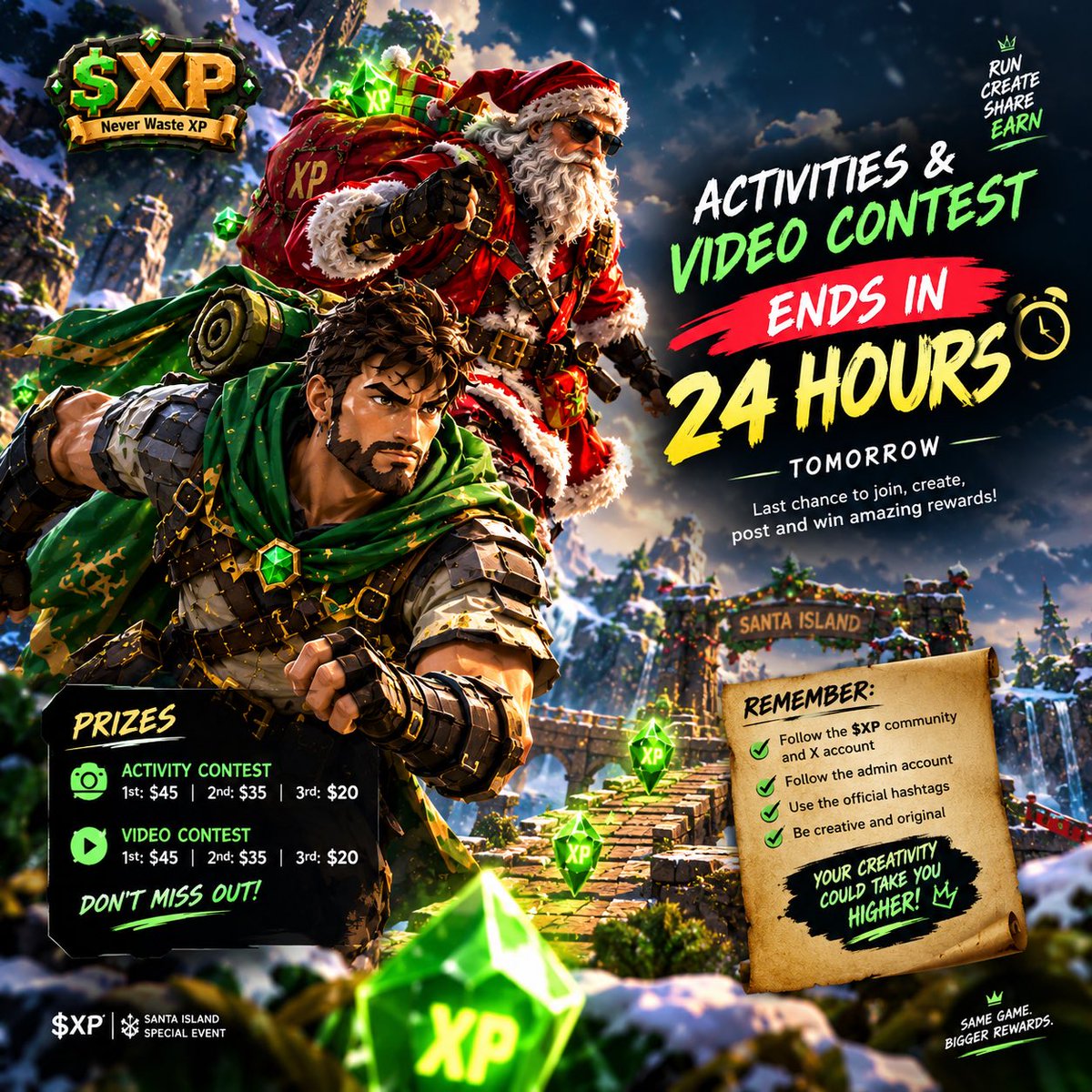 Morgan_marvi's tweet photo. 🚨 24 HOURS LEFT, $XP COMMUNITY! 🟢⚔️

The countdown is almost over! Tomorrow, our Activities Contest and Video Contest officially come to an end. ⏳🔥

This is your final chance to show up, get active, unleash your creativity, and compete for the rewards!

🎮 ACTIVITY CONTEST PRIZES
🥇 1st Place — $45
🥈 2nd Place — $35
🥉 3rd Place — $20

🎬 VIDEO CONTEST PRIZES
🥇 1st Place — $45
🥈 2nd Place — $35
🥉 3rd Place — $20

💚 WHAT YOU NEED TO DO
✅ Stay active in the $XP community.
✅ Create and share your best $XP videos.
✅ Follow the official $XP X account and the admin’s account.
✅ Bring your creativity and give it your best shot!

Our hero is running, Santa is bringing the gifts, and Santa Island is waiting! 🎅⚔️ The finish line is getting closer, but there’s still time to make your mark.

Don’t wait until the contest is over to wish you had participated. Every moment counts!

🔥 24 HOURS LEFT. ONE LAST PUSH. LET’S MAKE IT COUNT!
https://t.co/qPWuSgGbux
https://t.co/luJiBMr51z…
$XP — Never Waste XP. 💚🟡