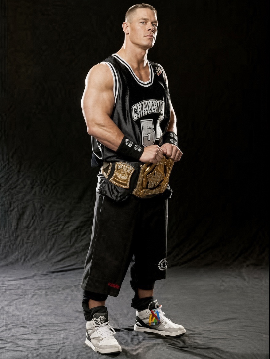 RuthlessAggresr's tweet photo. Cena with the WWE championship. These look weird because they’re upscaled. The og photos are in bad quality and blurry. https://t.co/QjUTmioAAy