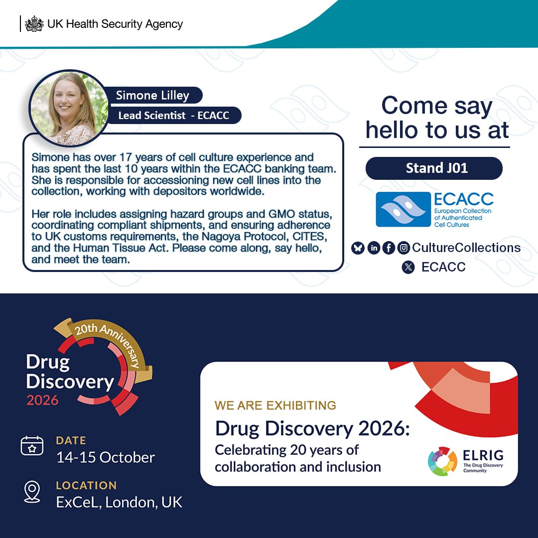 ECACC's tweet photo. Day 2 of #ELRIGDD26. Visit Stand J01 to meet the Culture Collections team and learn how our resources can support your research.  @ELRIG_SCIENCE  #DrugDiscovery #LifeScience https://t.co/jv8loycO9G